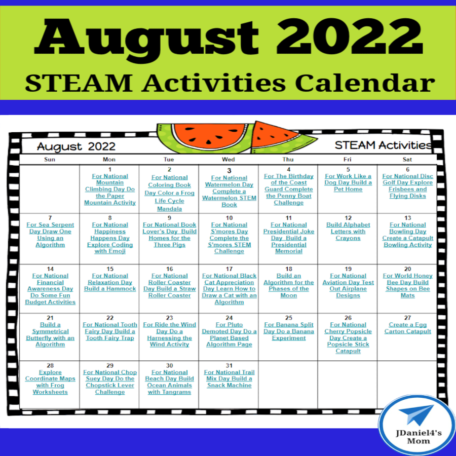 August STEAM 2022 Activities Calendar