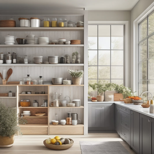 A modern kitchen with sleek, multi-tiered cabinet organizers displaying neatly arranged spices, pots, and pans. Soft, natural light filters through a window, highlighting the efficient use of space and elegant design elements.