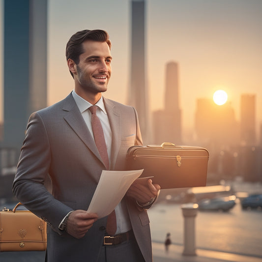 A professional standing in front of a cityscape at sunrise, holding a briefcase and a certificate, with a subtle smile and a confident posture, surrounded by subtle career growth symbols.