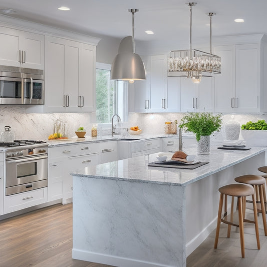 A bright, modern kitchen with sleek quartz countertops, high-gloss white cabinets, and stainless steel appliances, featuring a large island with pendant lighting and a stunning stone backsplash.