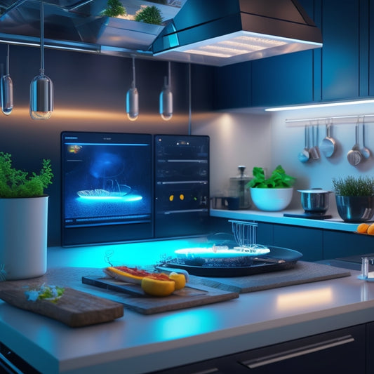 A futuristic kitchen with a large touchscreen display showing a 3D animation of food molecules, surrounded by utensils and ingredients, with a subtle glow of digital circuits and wires in the background.