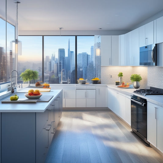 A bright, modern kitchen with sleek white cabinets, dark countertops, and large windows, surrounded by digital devices displaying 2D and 3D kitchen designs, with a cityscape in the background.