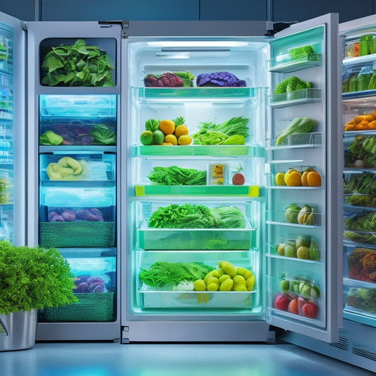 A futuristic, well-lit refrigerator interior with crisp, vibrant fruits and vegetables arranged in vertically-stacked, transparent, hexagonal containers, surrounded by sleek, silver shelves and a few hints of greenery.