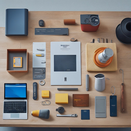 A clean and modern workspace with a laptop, tablet, and Brabantia branded toolbox, surrounded by scattered tools and diagrams, with a subtle hint of a mechanical device in the background.
