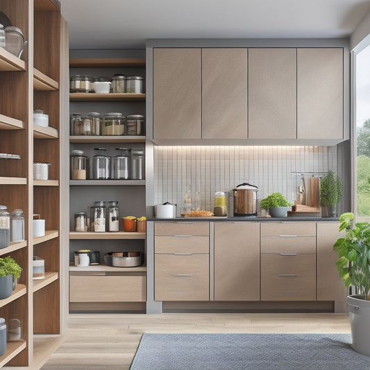 A sleek kitchen with a modern pull-out cabinet, showcasing organized spices, pots, and pans. Soft natural light illuminates the space, highlighting the rich wood finish and innovative storage solutions, emphasizing functionality and style.