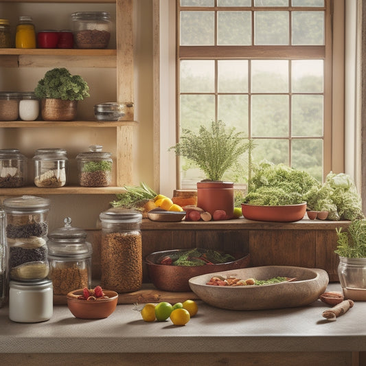 A cozy kitchen scene featuring a wooden tiered spice rack filled with colorful spice jars, fresh herbs in small pots, and a cooking countertop with vibrant vegetables, all bathed in warm, natural light.
