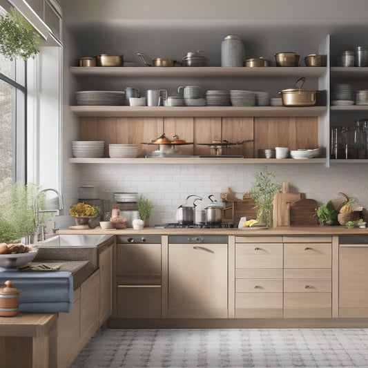 A spacious kitchen showcasing sleek pull-out cabinet shelves filled with organized pots, pans, and spices. Soft, natural lighting highlights the efficient layout, emphasizing smooth accessibility and a streamlined workflow in a modern culinary space.