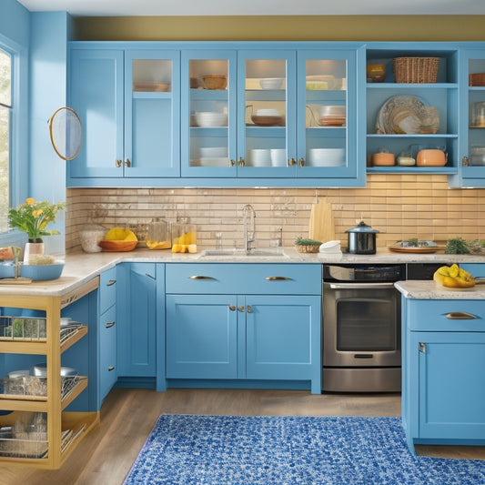 A bright, modern kitchen with three distinct storage solutions: a corner carousel filled with colorful dishes, a pull-out cabinet drawer with organized cookware, and a countertop appliance garage with a toaster and blender.