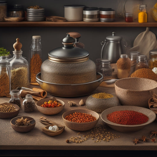A cluttered kitchen countertop with a lazy Susan in the center, surrounded by piles of spices, jars, and kitchen utensils, with a few items spilling off the edges, in a warm, golden lighting.