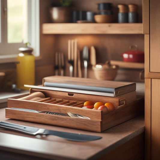 A serene kitchen interior with a drawer slightly ajar, revealing a neatly organized in-drawer knife block with assorted knives of varying sizes, surrounded by soft, ambient lighting and warm wooden tones.