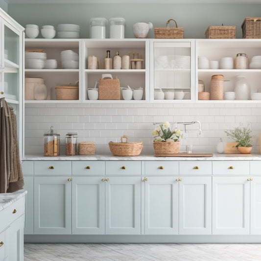 A bright, modern kitchen with white cabinets, marble countertops, and a large walk-in pantry featuring neatly arranged jars, baskets, and containers with stylish, minimalist labels in a soft, pastel color palette.