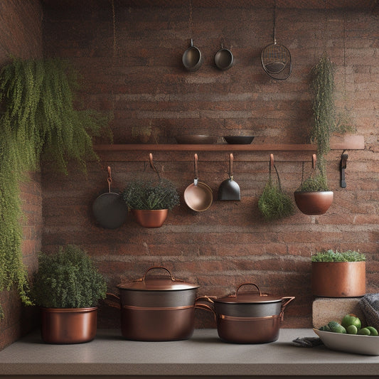 A rustic wooden kitchen wall with exposed brick, featuring a custom-built pot and pan hanging rack with five metal hooks, adorned with a few copper pots and a small herb planter.