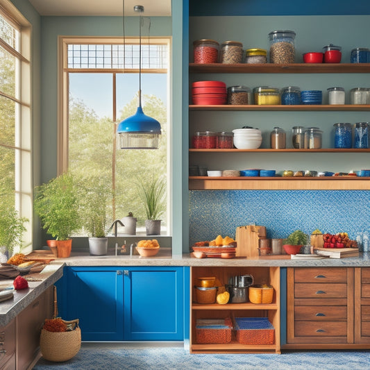 A vibrant kitchen scene showcasing sleek, multi-tiered cabinet organizers filled with neatly arranged spices, pots, and pans. Soft, natural light filters through a window, highlighting the modern design and efficient use of space.