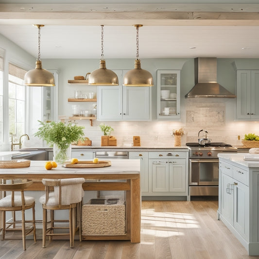 A bright and airy kitchen with a mix of repurposed and new elements: refurbished cabinets with new hardware, a reclaimed wood island, and a few strategically placed pendant lights.