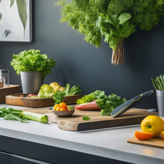 A sleek kitchen with a modern magnetic knife holder mounted on a minimalist backsplash, showcasing an array of sharp, gleaming knives suspended effortlessly, surrounded by fresh herbs and vibrant vegetables on a wooden countertop.