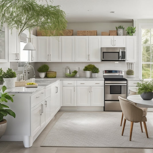 A bright, modern kitchen with sleek white cabinets, stainless steel appliances, and a large island in the center, surrounded by a few strategically placed potted plants and a few decorative vases.