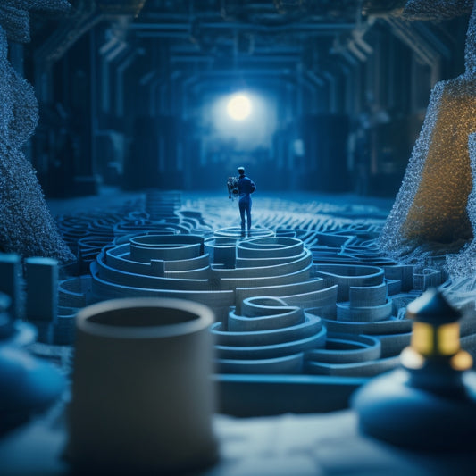 A maze with a blueprint background, featuring a tiny person holding a magnifying glass, surrounded by crumpled papers, scattered blueprints, and a few glowing exit signs in the distance.
