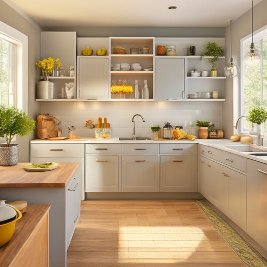 A bright, modern kitchen with sleek, handle-less cabinets in a light gray finish, featuring pull-out shelves, lazy susans, and a built-in spice rack, surrounded by warm, natural wood flooring.