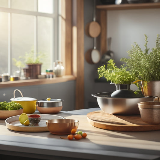 A sleek, wooden Lazy Susan displaying an array of colorful pots and pans in a modern kitchen, sunlight streaming through a window, highlighting the smooth rotation and organized design, with fresh herbs in the background.