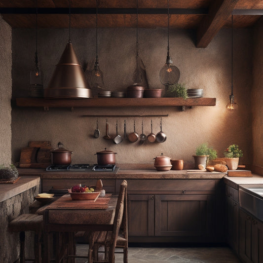 A rustic kitchen with a wooden ceiling pot rack elegantly suspended, featuring warm Edison bulbs illuminating hanging copper pots, surrounded by soft ambient lighting, highlighting the rich textures of the stone walls and wooden beams.