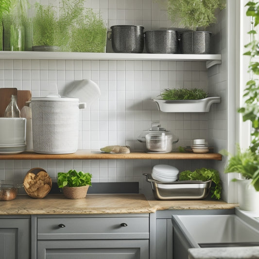 A sleek under-sink cabinet showcasing an organized dish drainer, featuring tiered racks, soft lighting, and neatly arranged dishes, complemented by pots and pans, with a touch of greenery peeking from the side.