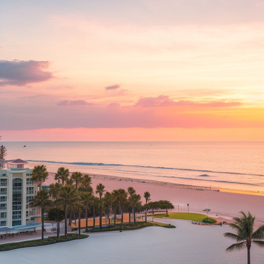 A serene morning scene: soft pink and orange hues bleed across the sky, palm trees sway gently, and a tranquil Gulf of Mexico waves crash against the shore, with a row of modern sunrise condos in the distance.