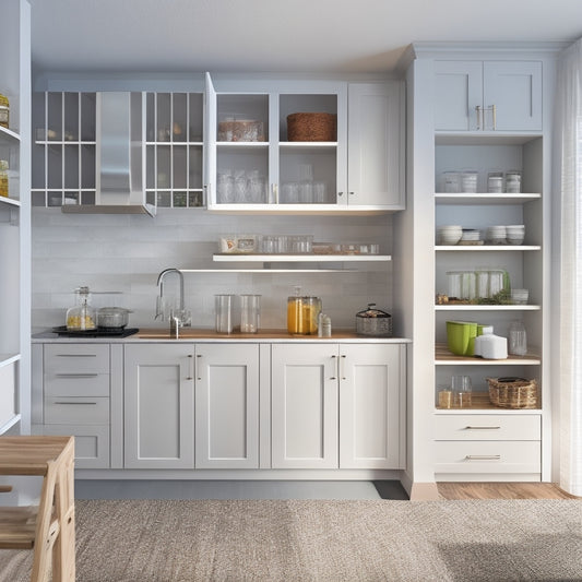 A modern kitchen with a wall-mounted pantry cabinet system featuring adjustable shelves, baskets, and drawers in a sleek, silver finish, surrounded by sleek, white countertops and wooden flooring.