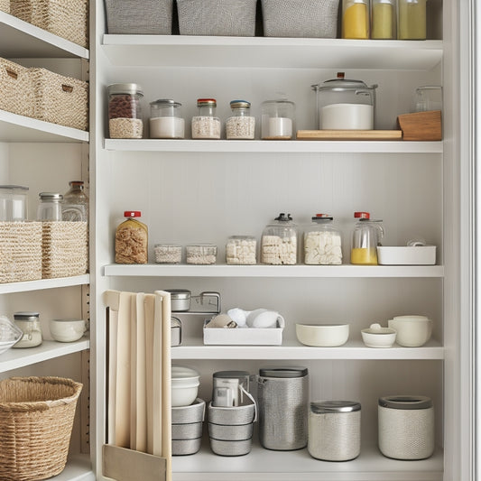 A small, organized pantry with a mix of white and wooden shelves, stainless steel baskets, and a few chef's tools, set against a light gray background with soft, warm lighting.