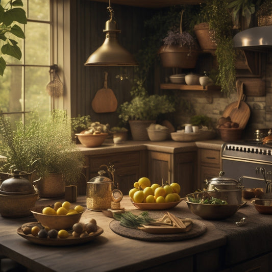 A warm, golden-lit kitchen with a wooden island at its center, surrounded by lush greenery, vintage utensils, and a few strategically placed, artfully arranged ingredients, evoking a sense of cozy creativity.