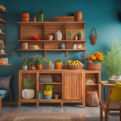 A cozy, stylish corner cabinet filled with colorful dishes, potted herbs, and decorative items, illuminated by warm light. The space features wooden shelves, vibrant wall art, and a small, inviting seating area.