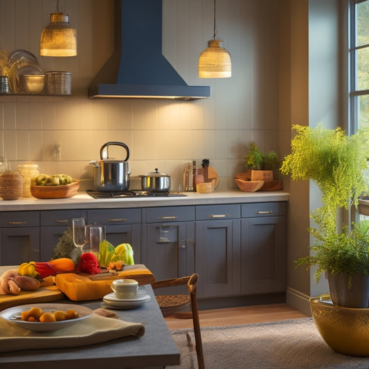 A warm, inviting kitchen scene featuring sleek, modern under-cabinet puck lights illuminating a beautiful countertop, showcasing fresh ingredients and elegant cookware, casting soft shadows and creating a cozy atmosphere.