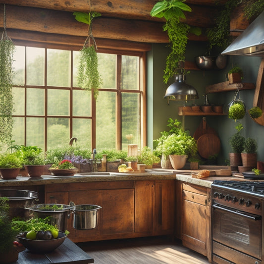 A rustic kitchen featuring a ceiling pot rack made of reclaimed wood and recycled metal, adorned with hanging pots and pans, surrounded by lush greenery and natural light filtering through a window.