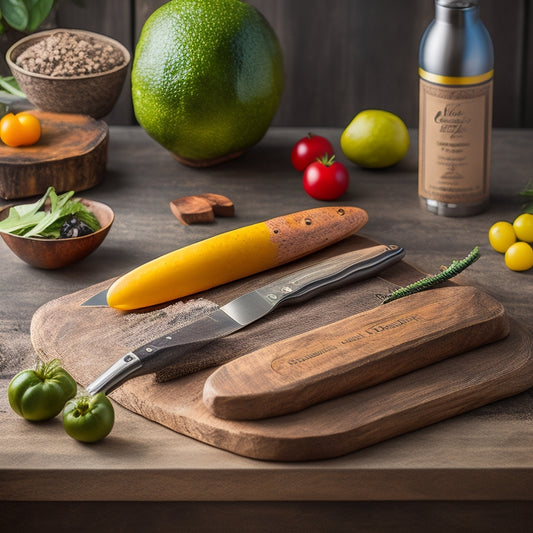 A sleek, portable magnetic knife holder mounted on a rustic wooden countertop, surrounded by vibrant fresh ingredients, gleaming chef knives, and travel gear, evoking the spirit of culinary adventure for traveling chefs.