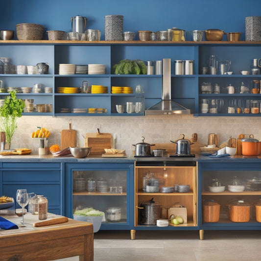 A modern kitchen with sleek countertops, featuring a multi-tiered storage rack filled with cookbooks, utensils, and kitchen gadgets, surrounded by a bustling kitchen atmosphere with utensils and appliances.