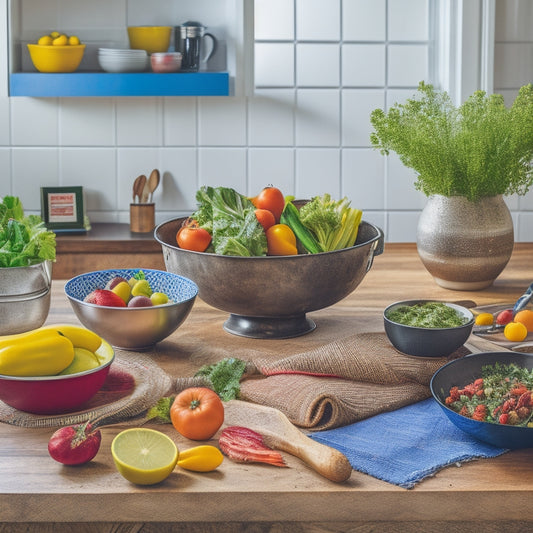 A tidy kitchen counter with a few essential cookbooks, a utensil organizer, a stainless steel mixing bowl, a wooden cutting board, and a few artfully arranged, colorful vegetables and fruits.