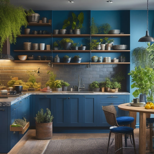 A modern kitchen with a sleek, multi-level island featuring open shelves displaying colorful cookbooks, hanging pots and pans, a built-in wine rack, and vibrant potted herbs, all surrounded by warm, ambient lighting.
