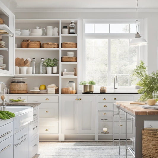 A modern kitchen with sleek, white cabinets, featuring a combination of open and closed shelving units with woven baskets, glass jars, and cookbooks, surrounded by warm, natural light.