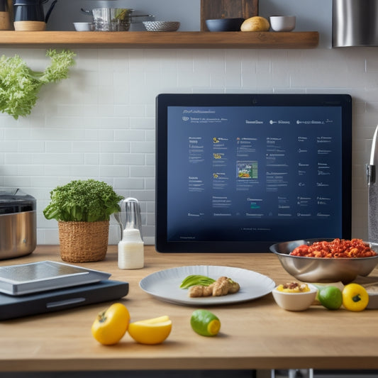 A clean and modern kitchen with stainless steel countertops, a chalkboard menu board in the background, and a tablet displaying a digital checklist, surrounded by utensils and ingredients.