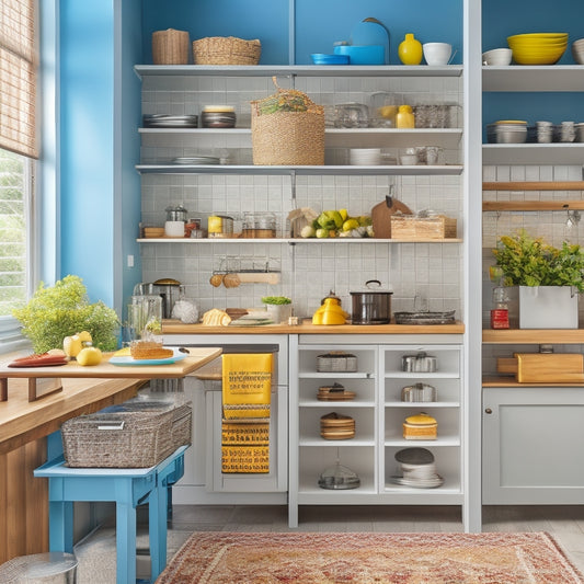 A bright, modern kitchen with categorized zones: a utensil station with a carousel turntable, a pantry with labeled baskets, a cookware nook with hanging pots, and a countertop with a tiered spice rack.