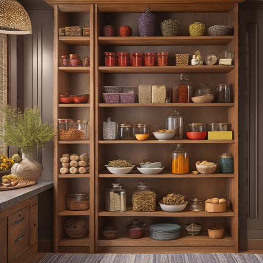 A beautifully organized corner cabinet with elegant tiered racks displaying vibrant spices, colorful dishes, and neatly arranged cookbooks, surrounded by warm wood tones and soft, diffused lighting to create a cozy atmosphere.