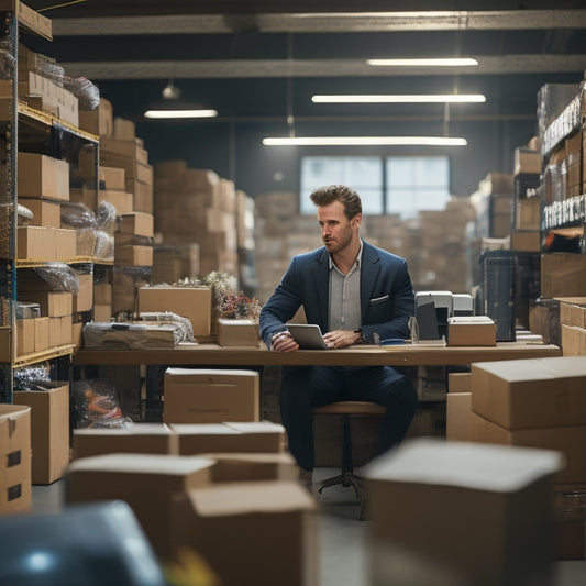 A cluttered warehouse scene with boxes and shelves in disarray, transitioning to an organized space with neatly labeled inventory bins, a tidy desk with a laptop, and a satisfied business owner in the background.