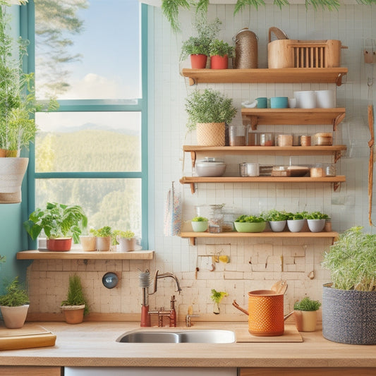 A vibrant kitchen showcasing eco-friendly pegboard storage, adorned with natural wood pegs, hanging potted herbs, colorful kitchen utensils, and sustainable bamboo containers, all set against a bright, airy backdrop of sunlight streaming through a window.