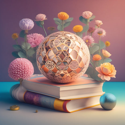 A stylized illustration of a blooming flower with petals shaped like open books, surrounded by orbiting globes, gears, and lightbulbs, set against a warm, gradient background with subtle grid patterns.