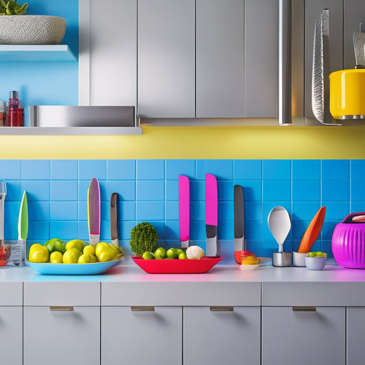 A sleek, modern kitchen with a compact layout, featuring a stylish magnetic knife rack mounted on a vibrant backsplash, showcasing an array of colorful knives. Soft lighting highlights the organized, minimalist design.