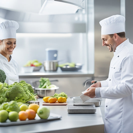 A clean and modern commercial kitchen with stainless steel countertops, utensils, and appliances, featuring a chef in a white coat and hat, holding a clipboard and smiling, surrounded by fresh fruits and vegetables.
