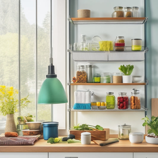 A sleek, modern over-the-door kitchen supplies organizer filled with colorful utensils, spices in glass jars, cutting boards, and hanging pots, set against a bright kitchen backdrop with natural light streaming through a window.