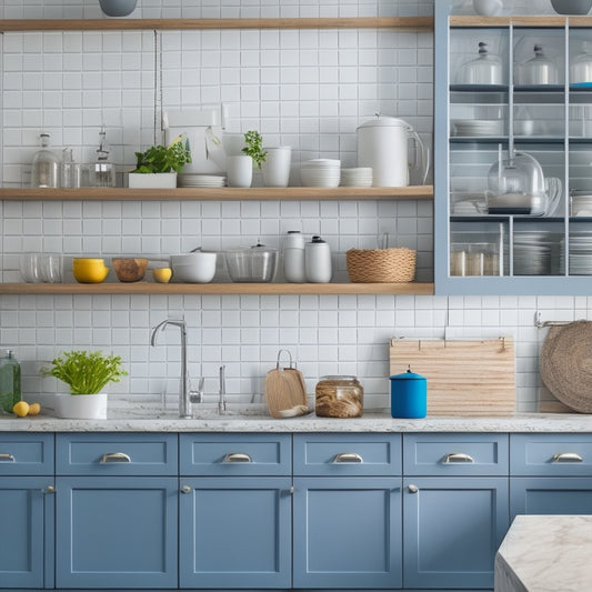 A bright, modern kitchen with sleek cabinets, a central island, and a minimalist aesthetic, showcasing optimized storage solutions, including a pegboard, baskets, and a utensil organizer.