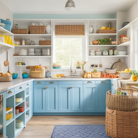 A bright and airy kitchen with a mix of open shelving, baskets, and colorful bins, showcasing organized utensils, cookware, and snacks, with a few toys and books tucked away in designated corners.