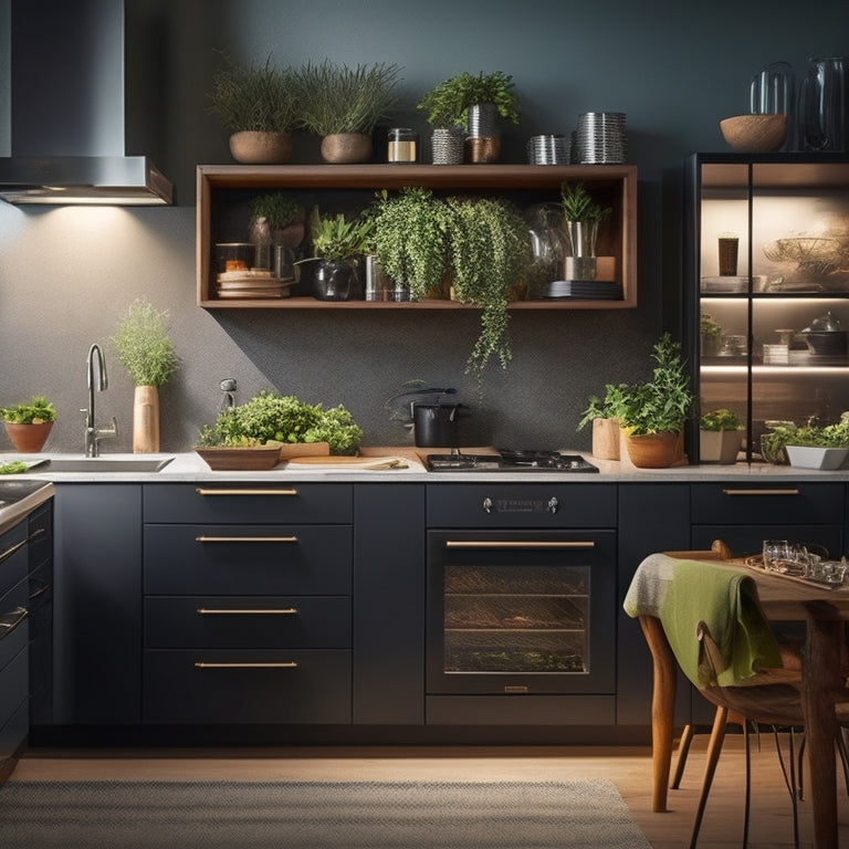 A sleek kitchen countertop featuring modular, pull-out storage drawers, integrated spice racks, and a hidden cutting board, surrounded by modern appliances and vibrant potted herbs, all bathed in warm, ambient lighting.