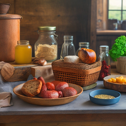 A rustic wooden table holds a vintage-inspired metal bread box, a stack of fresh produce, and a few open jars of homemade preserves, surrounded by a few scattered recipe cards.